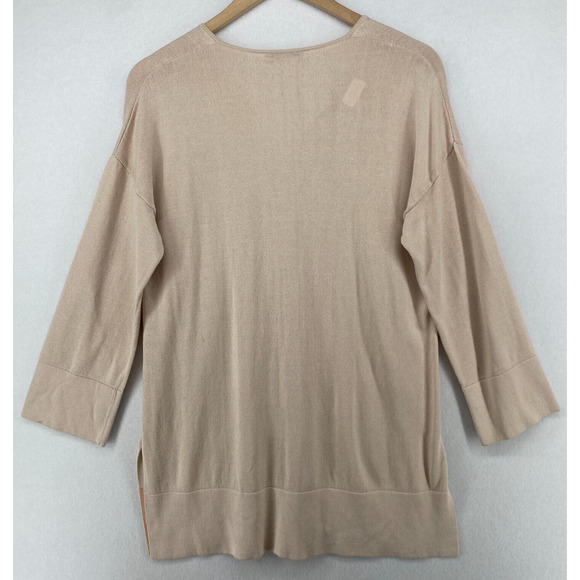 MM. LAFLEUR Sweater M Cotton Viscose Tunic Split Neck 3/4 Sleeve Pullover Beige - Picture 3 of 15